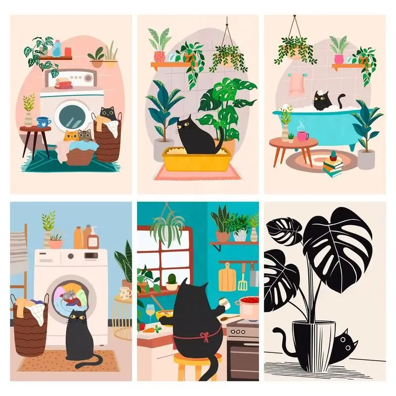 CHENISTORY Paint By Number Black Cat Plant Illustration Drawing On Canvas HandPainted Art Gift DIY Pictures By Number Kits Home