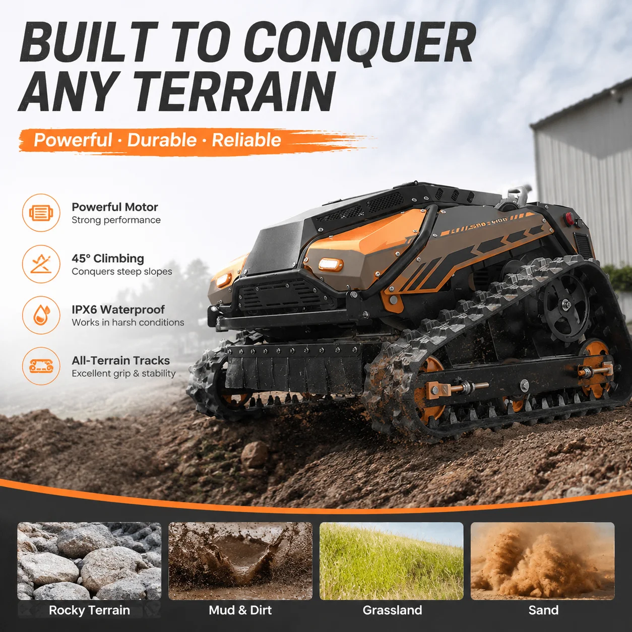 Remote Control Crawler Mower with 300m Range 800mm Width 10-200mm Remote Height 70° Slope Hybrid High Low Speed for Lawn Care