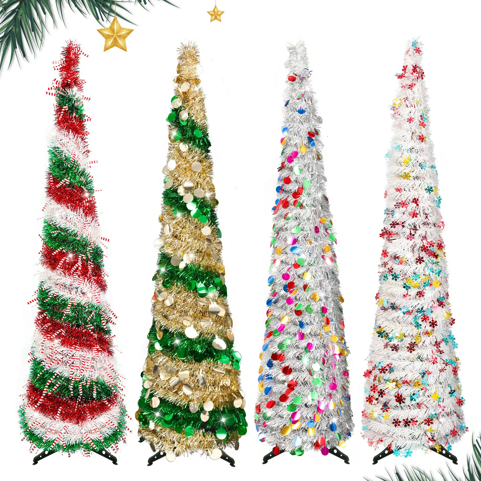 5FT Pop Up Christmas Tree with Modes Collapsible Colorful Sequin Christmas Pencil Trees For Holiday Xmas Fireplace Party Decor