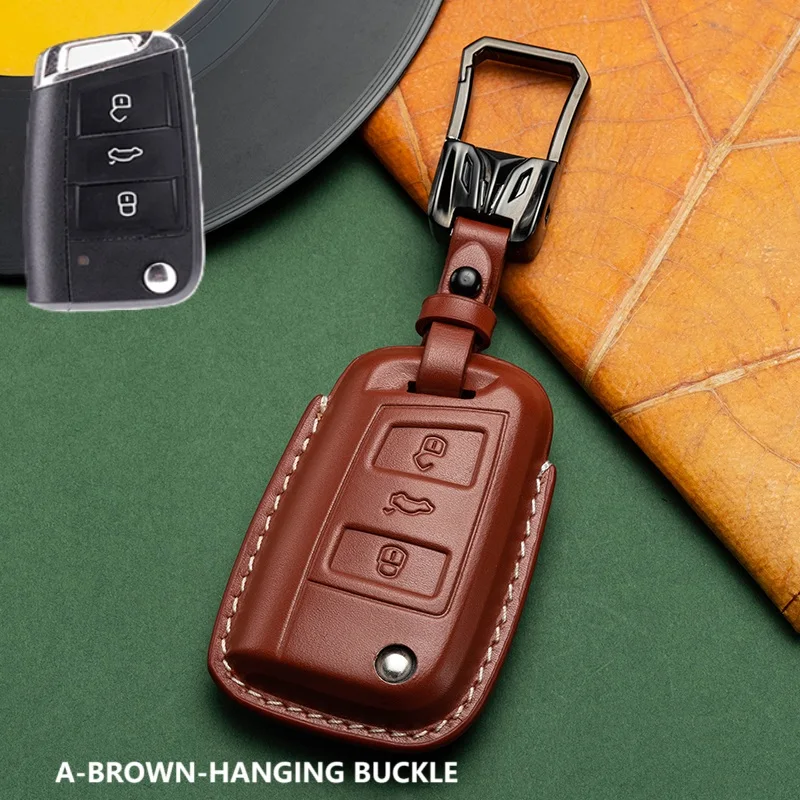 Car key case Suitable For Volkswagen Teramont with one - button start version Top Grain Cow Leather
