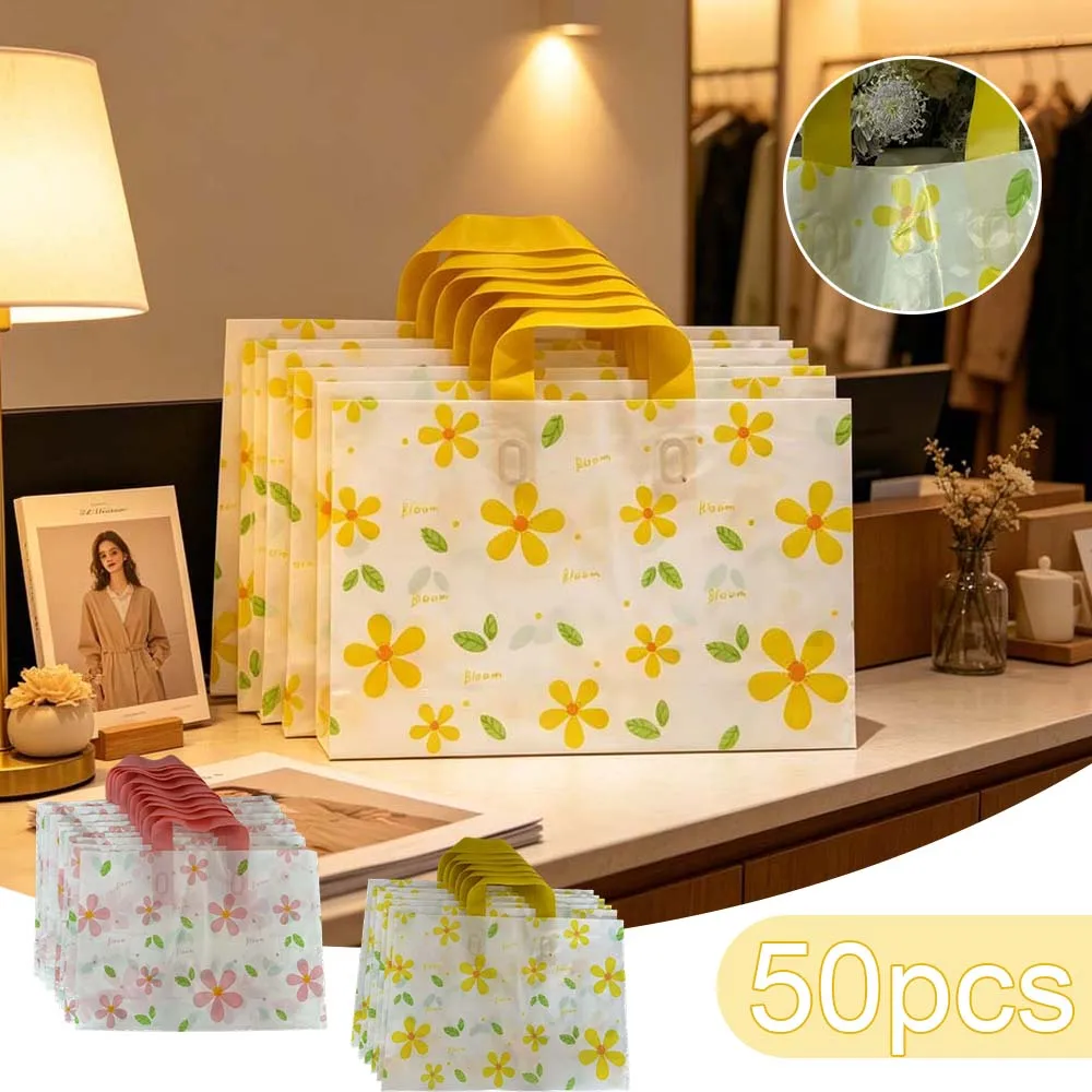 50Pcs Set Plastic Handbags 0.12mm Mocha Flower Print Pattern Bag Portable Tote for Clothing Store Food Delivery Grocery Reusable