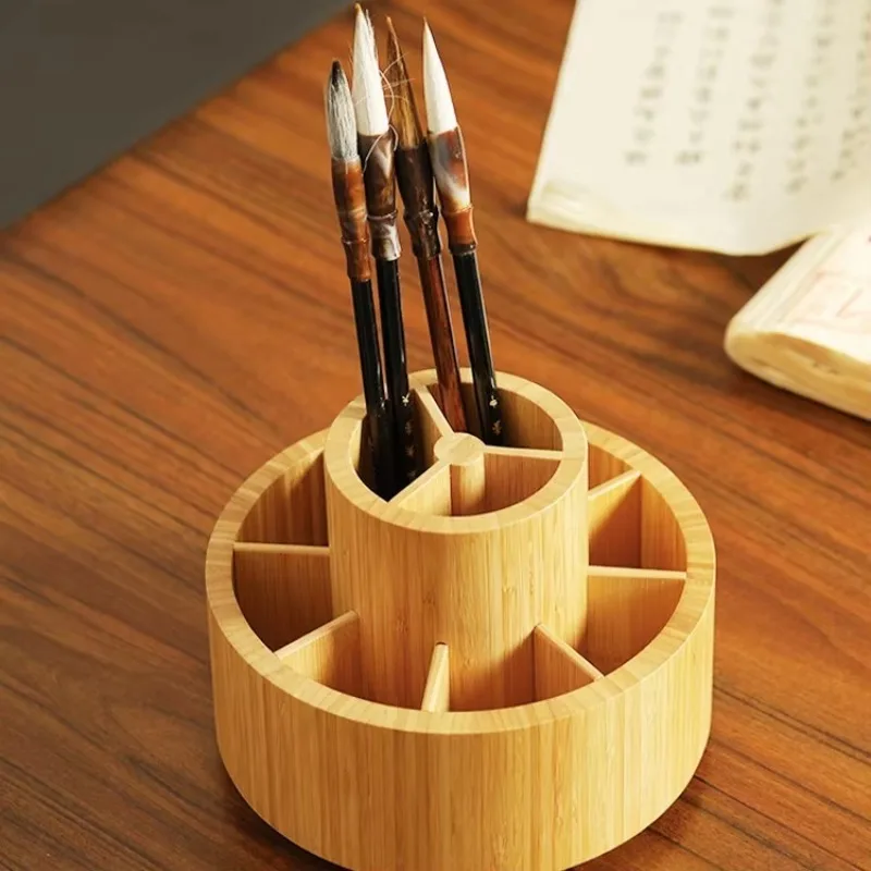 Makeup Brush Holder for Vanity Rotating Bamboo Pen Stand for Office Desk Circular Stationery Organizer for Home Workspace
