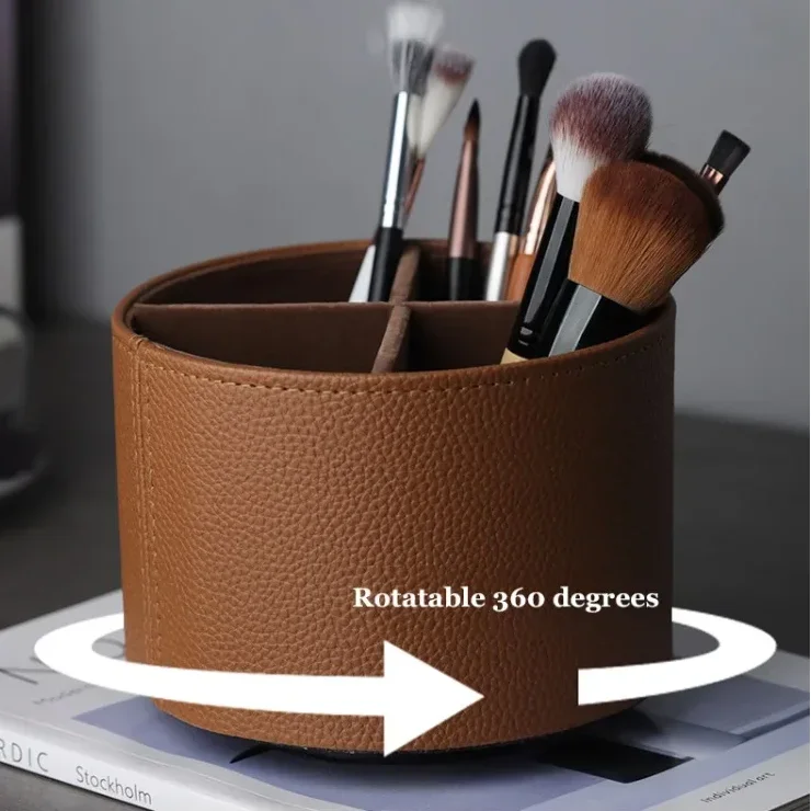 Nordic Style Rotating Desktop Leather Storage Box Makeup Brush Storage Office Pen Holder Home Decoration