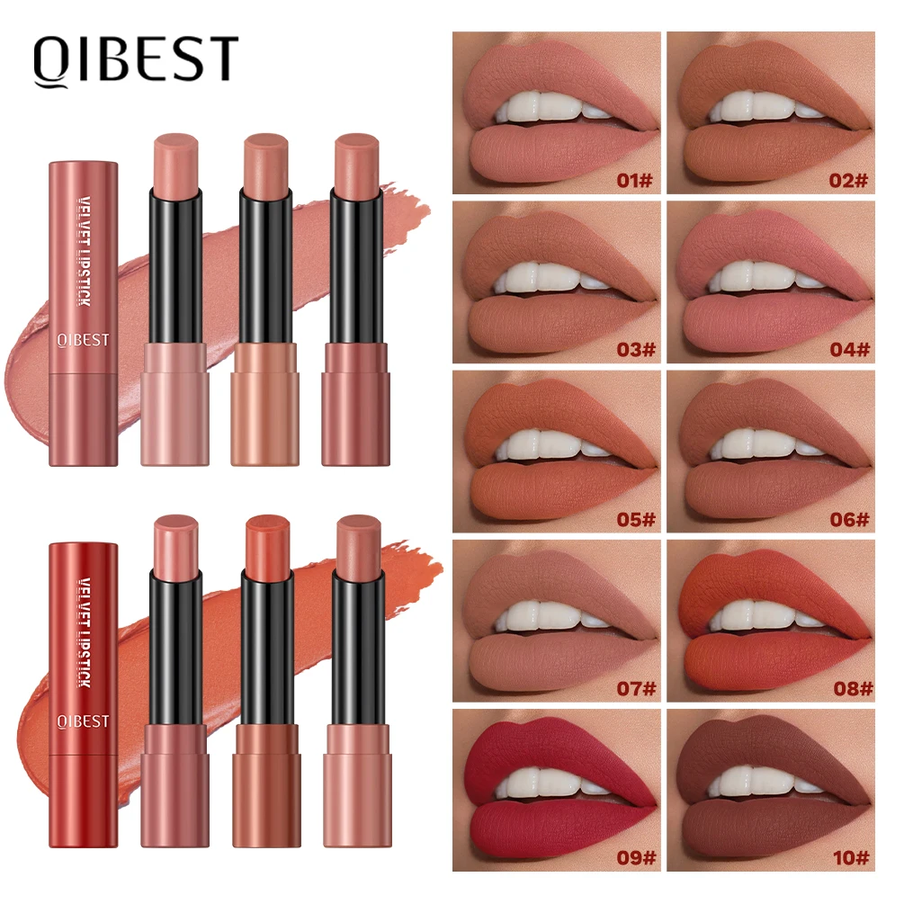 QIBEST 10 Colors Matte Lipstick Velvet Lip Stain Long Lasting Makeup Tinted Balm Rotate Lipstick Nude Makeup Highly Pigmented
