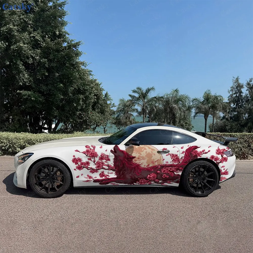 2pcs Floral Crimson Wolf Howling at Moon Car Side Wraps, Self-Adhesive PVC Waterproof & Scratch-Resistant Sticker, Car Accessory