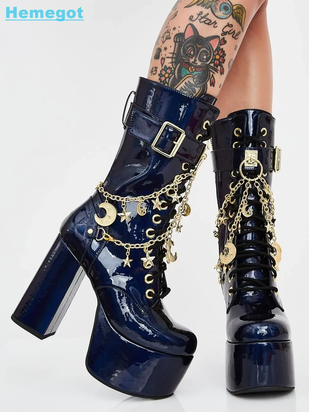 Platform Chain Star Moon Decor Ankle Boot Lace-Up Buckle Strap Side Zipper Block Chunky Heel Round Toe 2025 Zapatos Para Mujere