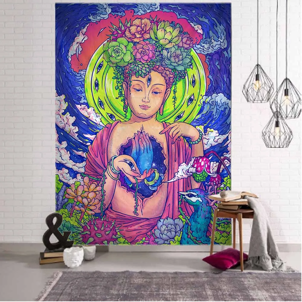 Psychedelic Figure Art Tapestry Buddha Statue Starry Sky Sun and Moon Wall Hanging Hippie Bohemian Kawaii Home Wall Decoration