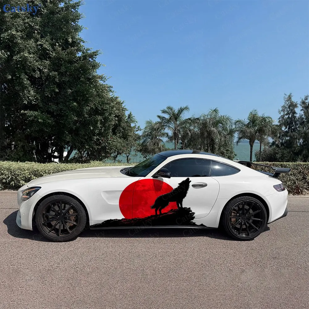 2pcs Howling Lone Wolf Red Moon Sun Car Side Wraps, Self-Adhesive PVC Waterproof & Scratch-Resistant Sticker, Car Accessory Gift