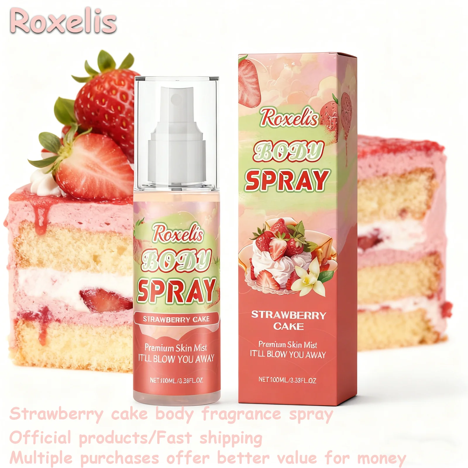 Roxelis Strawberry Cake Body Mist Long Lasting Fresh Fragrance Soft Multi-Layered Elegant Perfume Spray For Daily Use