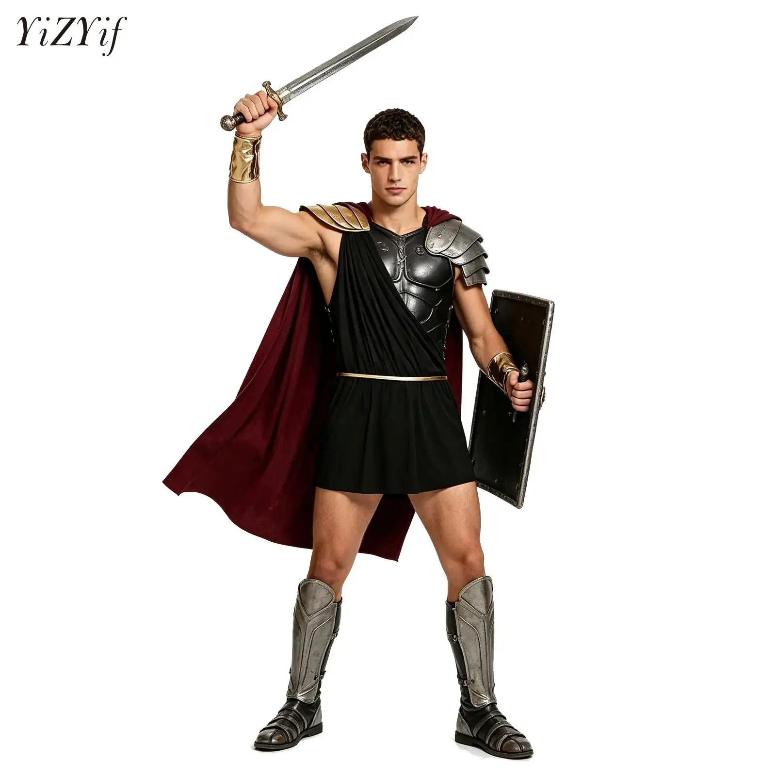 Ancient Greek God Gladiator King Roman Pharaoh Cosplay Costumes Robe with Metallic Cuffs Knight Warrior Roleplay Outfits Mens