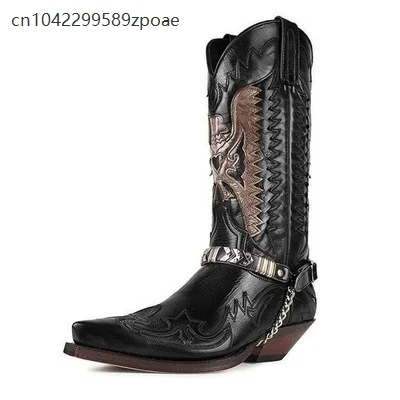 Metal Chain Buckle Chelsea Boots Chunky Heel Embroidery Colorblock Gothic Steampunk Locomotive Cosplay Knight Boots Men's Boots