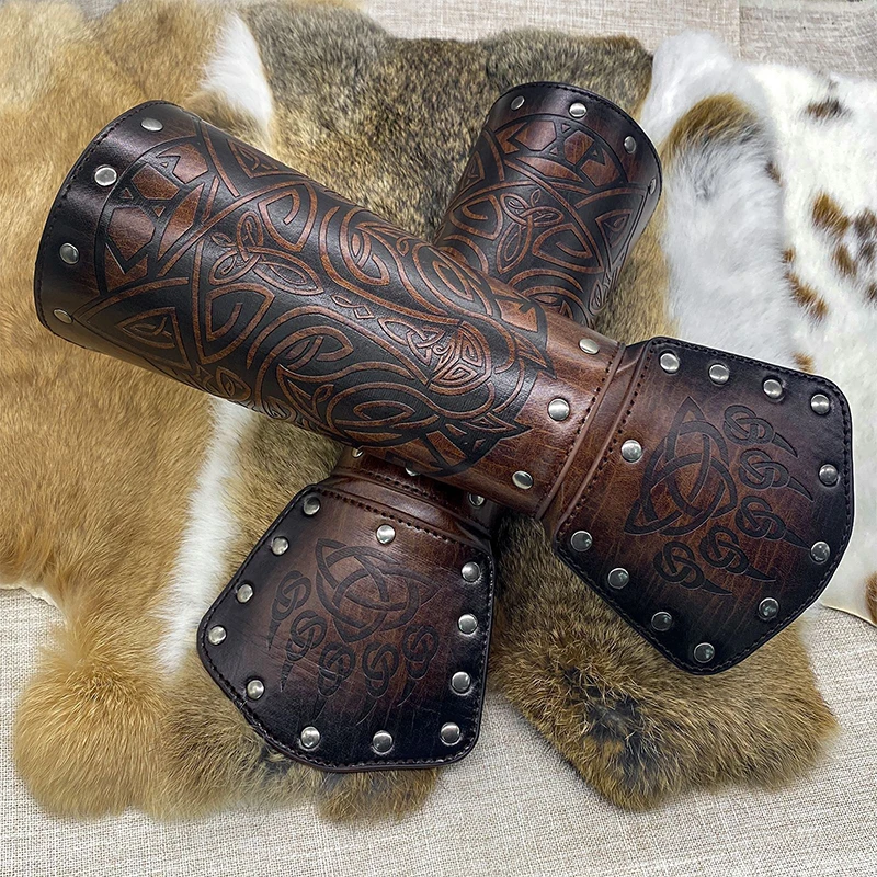 1 Pcs Medieval Knight Wristband Embossed Wrist Guard PU Leather Lace-Up Gauntlet Arm Armor Nordic Viking Halloween Cosplay