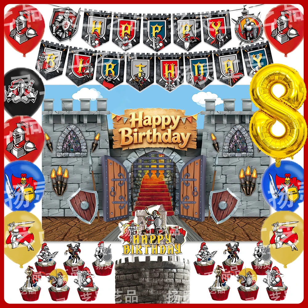 Medieval Castle Armored Knight Boy Birthday Decorations Banner Balloons Cake Topper Party Supplies Middle Ages Backdrop Kid Gift