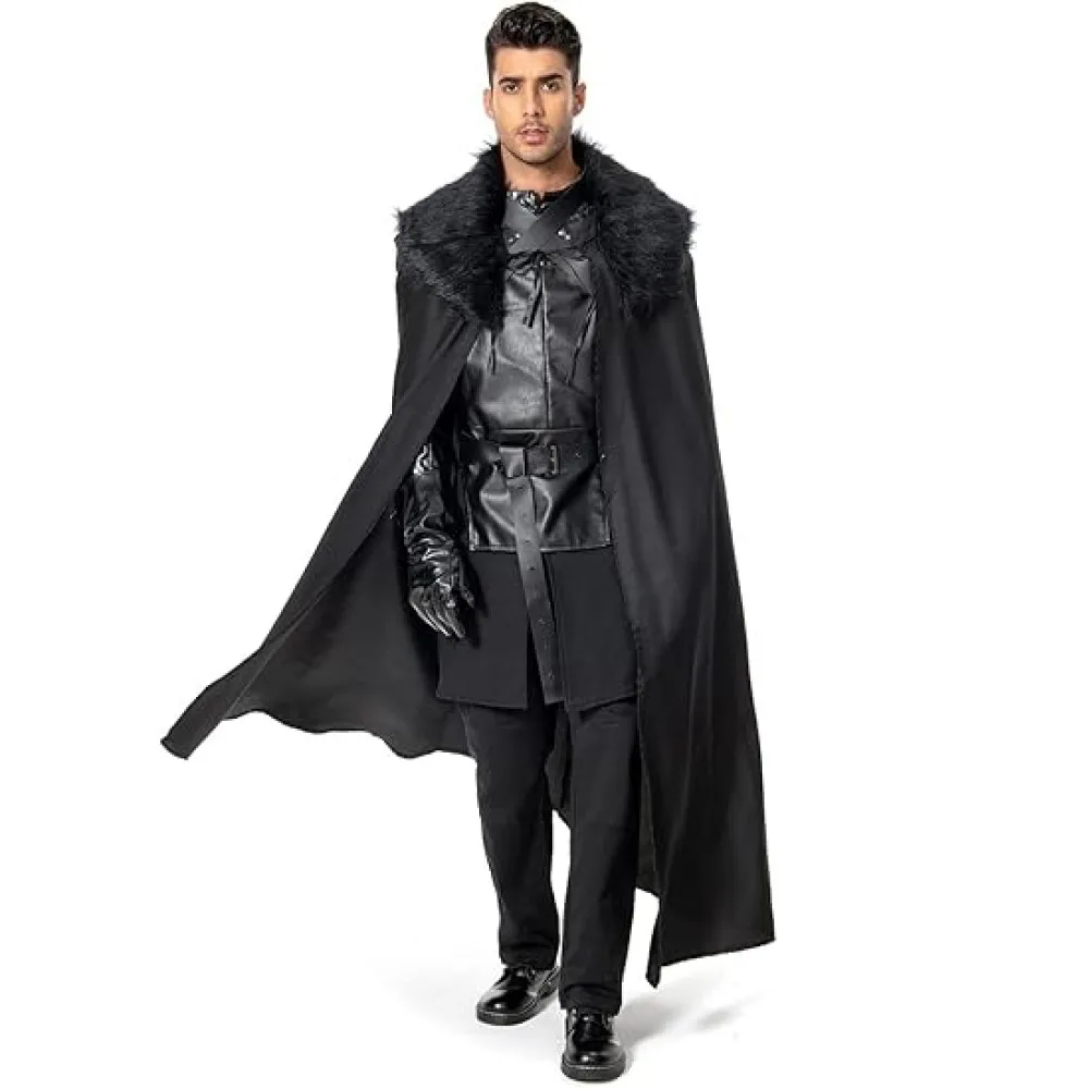 Adult Jon Snow Knights Watch Costume Cloak Adult Men Game of Thrones Halloween Cosplay Medieval Black PU Full Party Cape Outfit