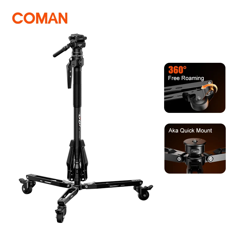 COMAN M1 Mini V1 A32 Carbon Fiber Monopod Lightweight Travel Tripod 4 Section One Click Lifting Fluid Video Head for DSLR Camera