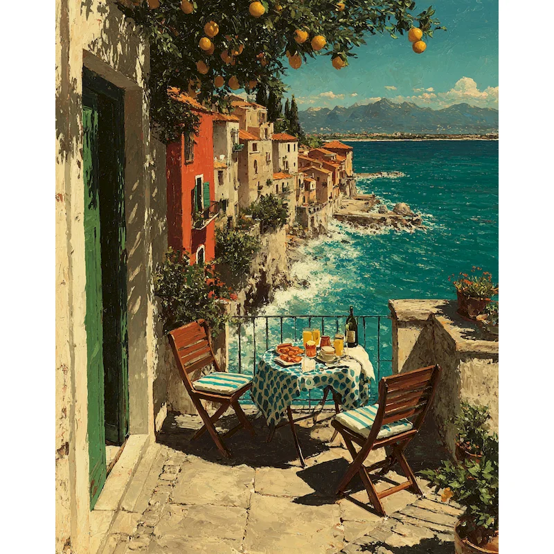 CHENISTORY Balcony Coastal Village Paint By Numbers For Adults Picture Canvas Drawing Landscape Painting By Numbers Wall Art Hom