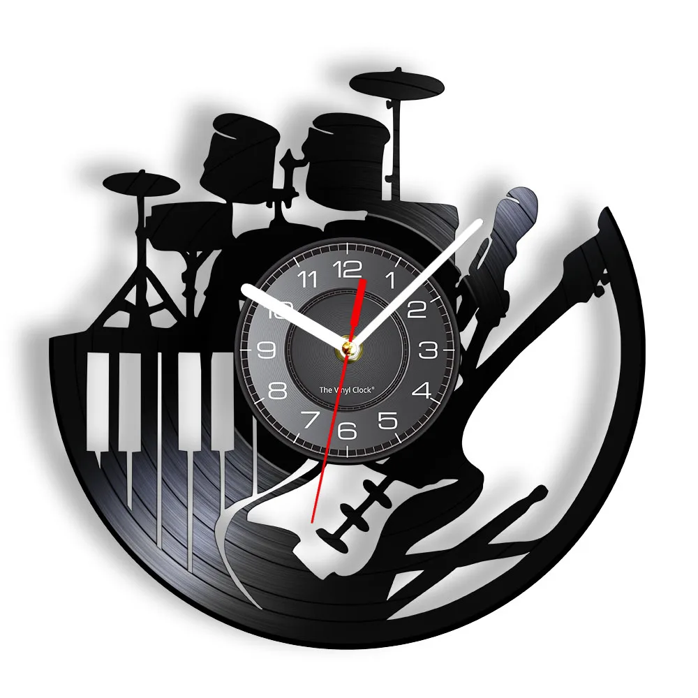 Electric Guitar Drum Rack Set Vinyl Record Wall Clock Band Music Musical Instrument Room Sign Retro CD Disc Rock N Roll Gift