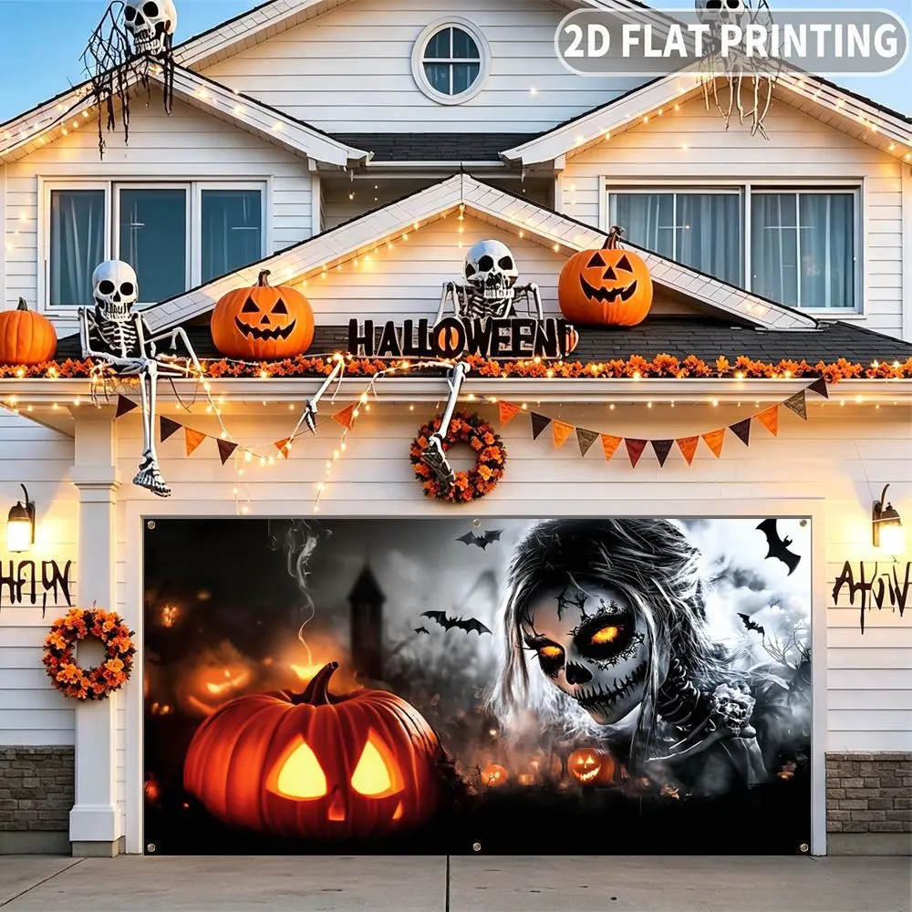 1pc 2D FLAT Halloween Party Garage Banner, Halloween Skull Pumpkin Bat Scene Print Pattern, No Power Need, for Home Decor