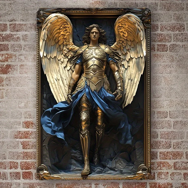 Boho Style Aluminum Archangel Michael Wall Hanging Sign, Religious Theme, Square Decor for Home, 8x8Inch/11.8x11.8Inch, 1pc