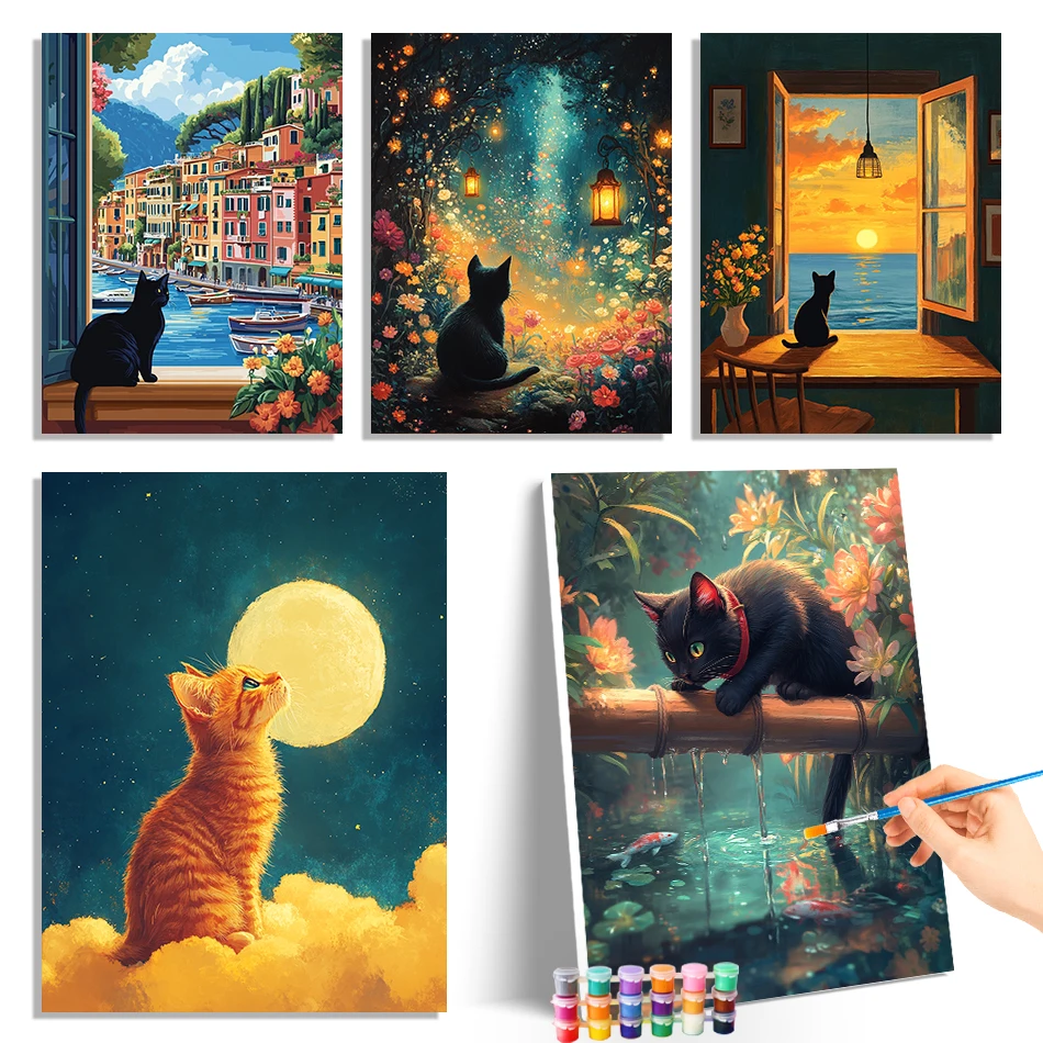 GATYZTORY Painting By Numbers Oil Cartoon Cat's Back Scenery Diy Digital Paintings On Number Watercolors Canvas Picture Gift Set
