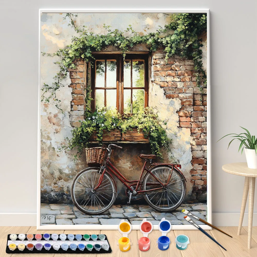 Digital Acrylic Painting Kit DIY Bicycles in the old alley Hand Art Canvas Hand Painted Home Decor Personalized Surprise Gift