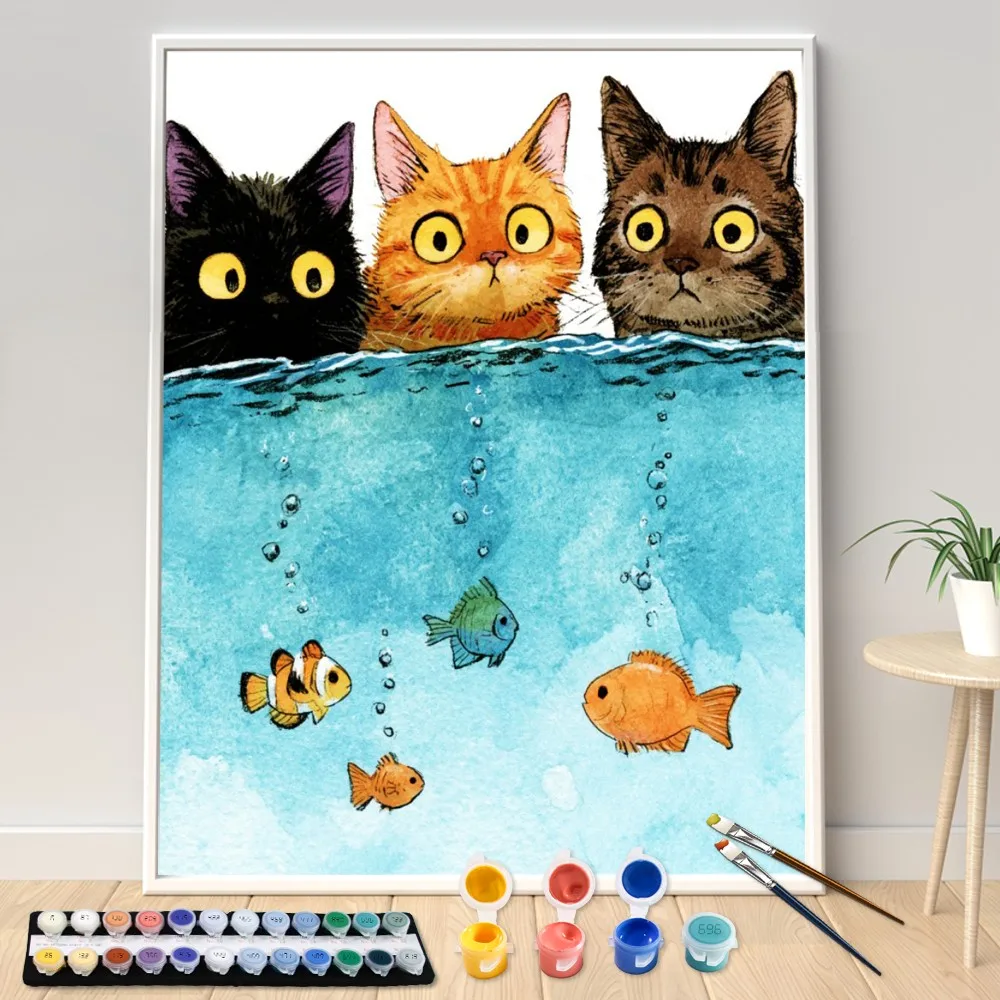 Digital Acrylic Painting Kit DIY Three Cats and a Fish Art Canvas Hand Painted Home Decor Personalized Surprise Gift