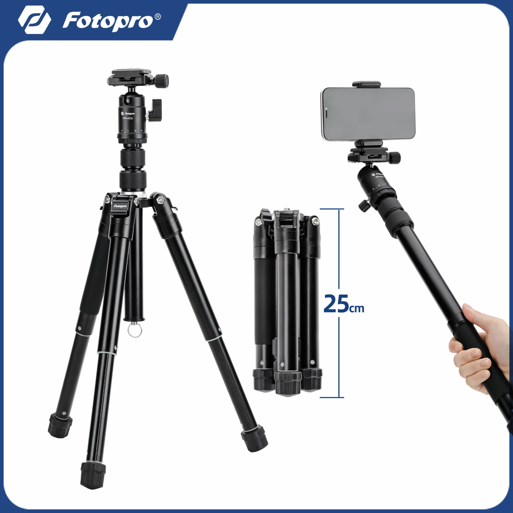 Fotopro FY830 Compact Camera Tripod, Portable Phone Stand Detachable Selfie Stick for Travel Video Shooting Concerts