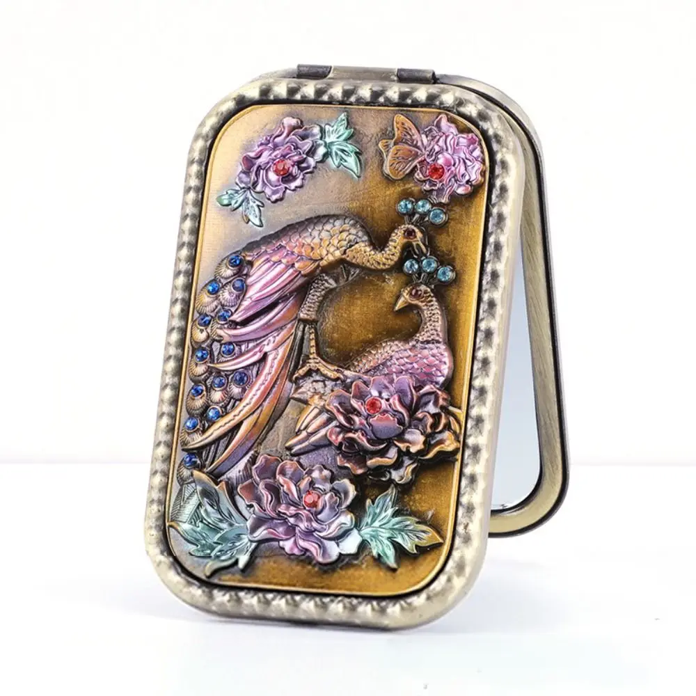 Foldable Vintage Makeup Mirror Square Peacock Compact Pocket Mirror Metal Hollow-out Cosmetic Folding Mirror Women