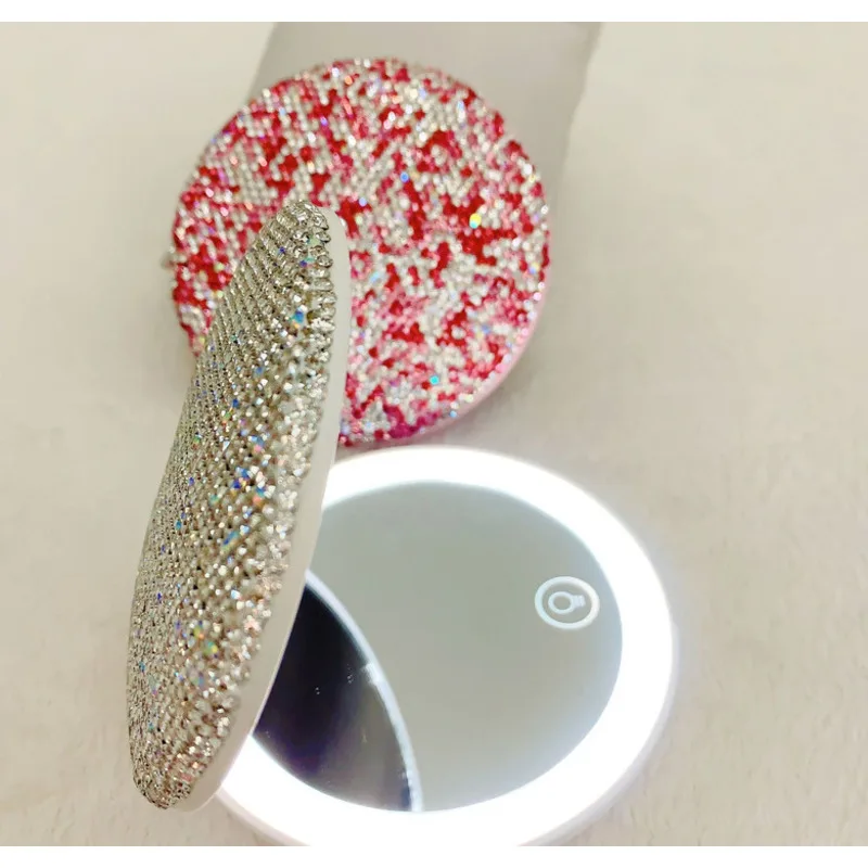 Diamond Studded LED Makeup Mirror Touch Screen Foldable with Portable Small Mirror And Fill Light High Aesthetic Value for Stude