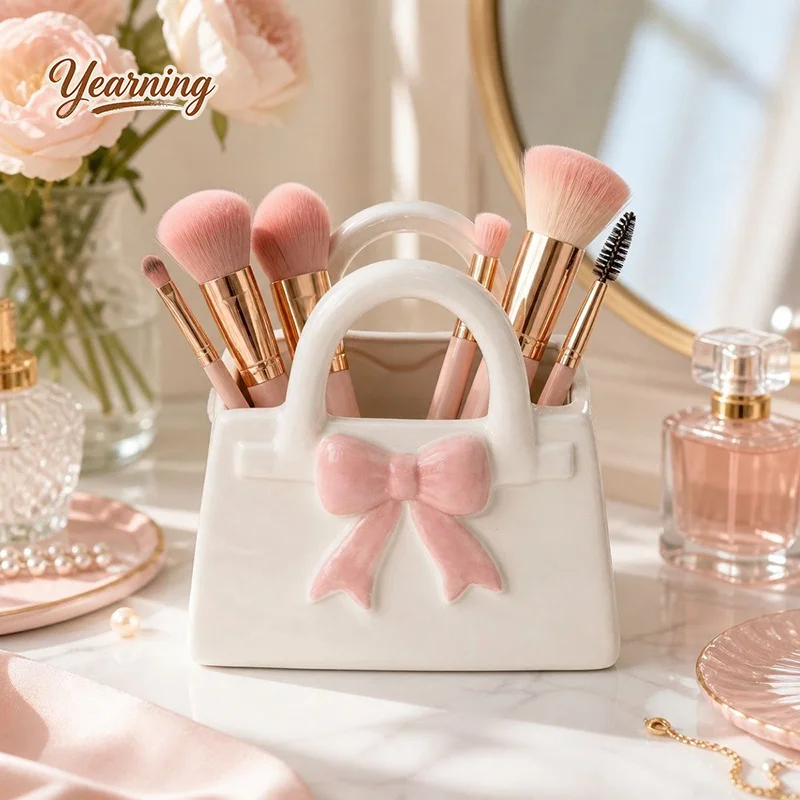 Ceramic Bow Makeup Brush Holder Desktop Organizer Lipstick Storage Bag Shape High End