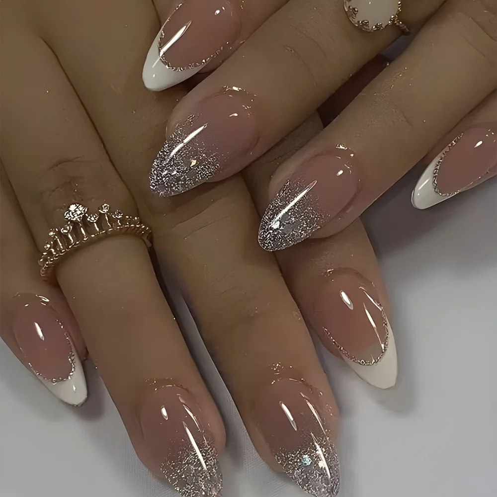 24PCS Simple Nude False Nails with Jelly Glue Glitter Powder French Almond Fake Nails for Spice Girls Nail Art Wearable Press On