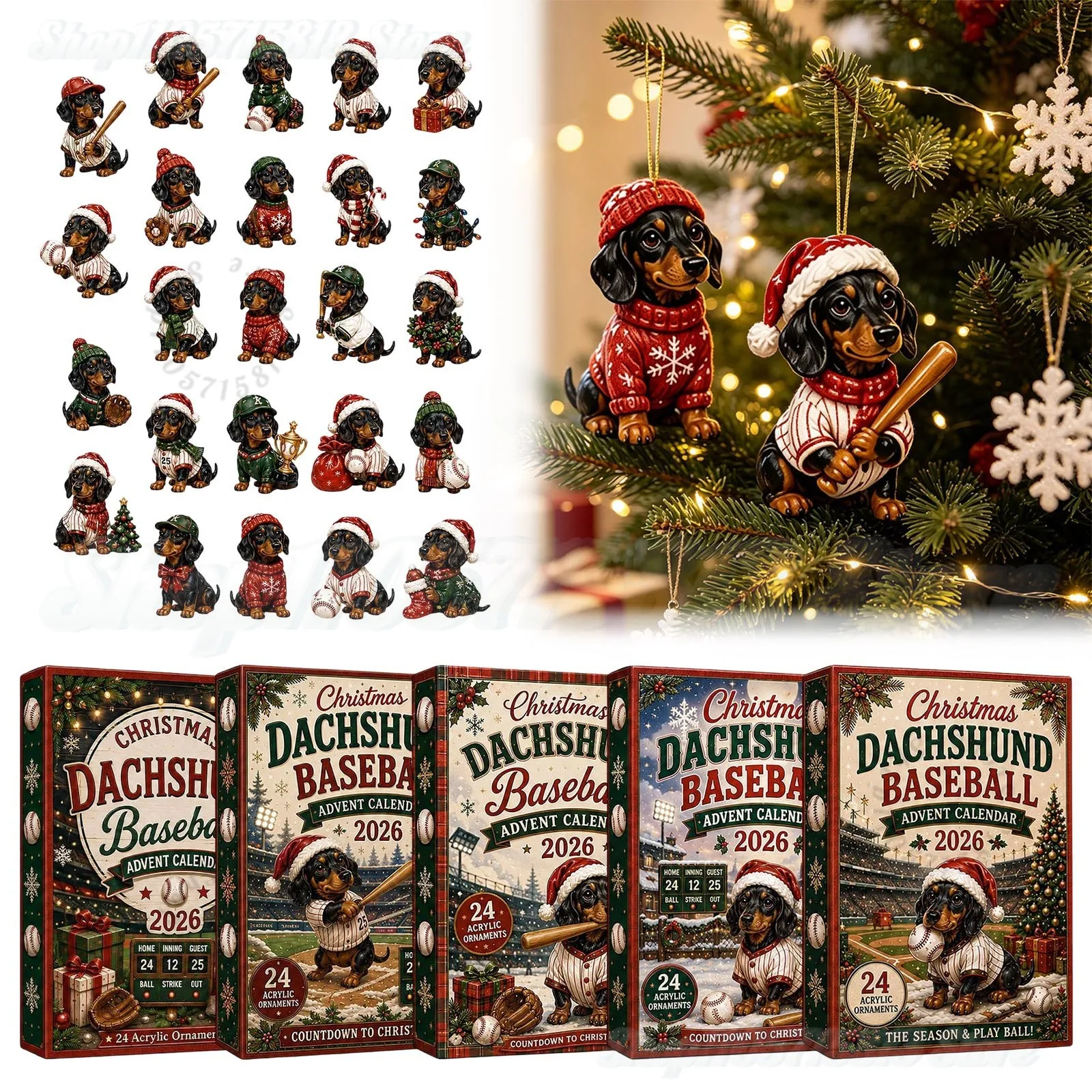 Dachshund Baseball Advent Calendar 2026｜24 Acrylic Wiener Dog Ornaments, Christmas Countdown Gift for Dachshund & Baseball Fans