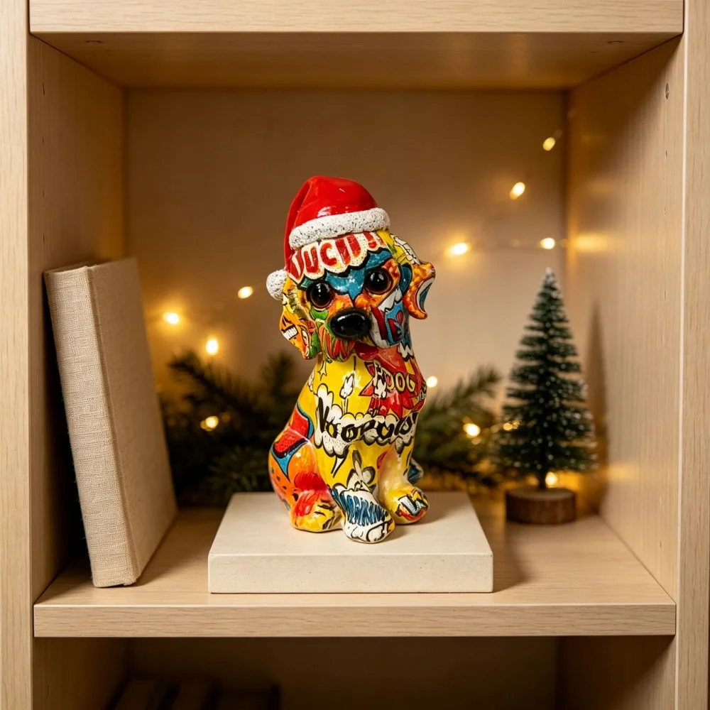 18cm Labrador Statue Graffiti Art Colored Resin Dog Statue Christmas Hat Animal Ornament Home Party Table Decoration Props Gifts