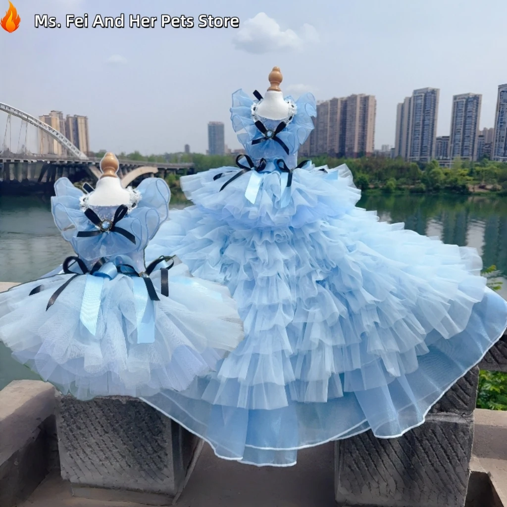 Princess Dog Dress Luxury Handmade Blue Bow Tie Wedding Photography Outfit for Cats & Dogs Birthday Party Anniversary Gift