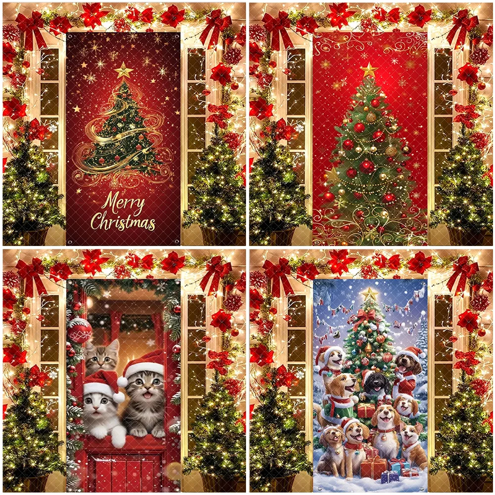 Shining Christmas Tree Door Banner Cartoon Christmas Santa Nut Cracker Snowman Party Decorations Cute Cat And Dog Backdrop Gifts