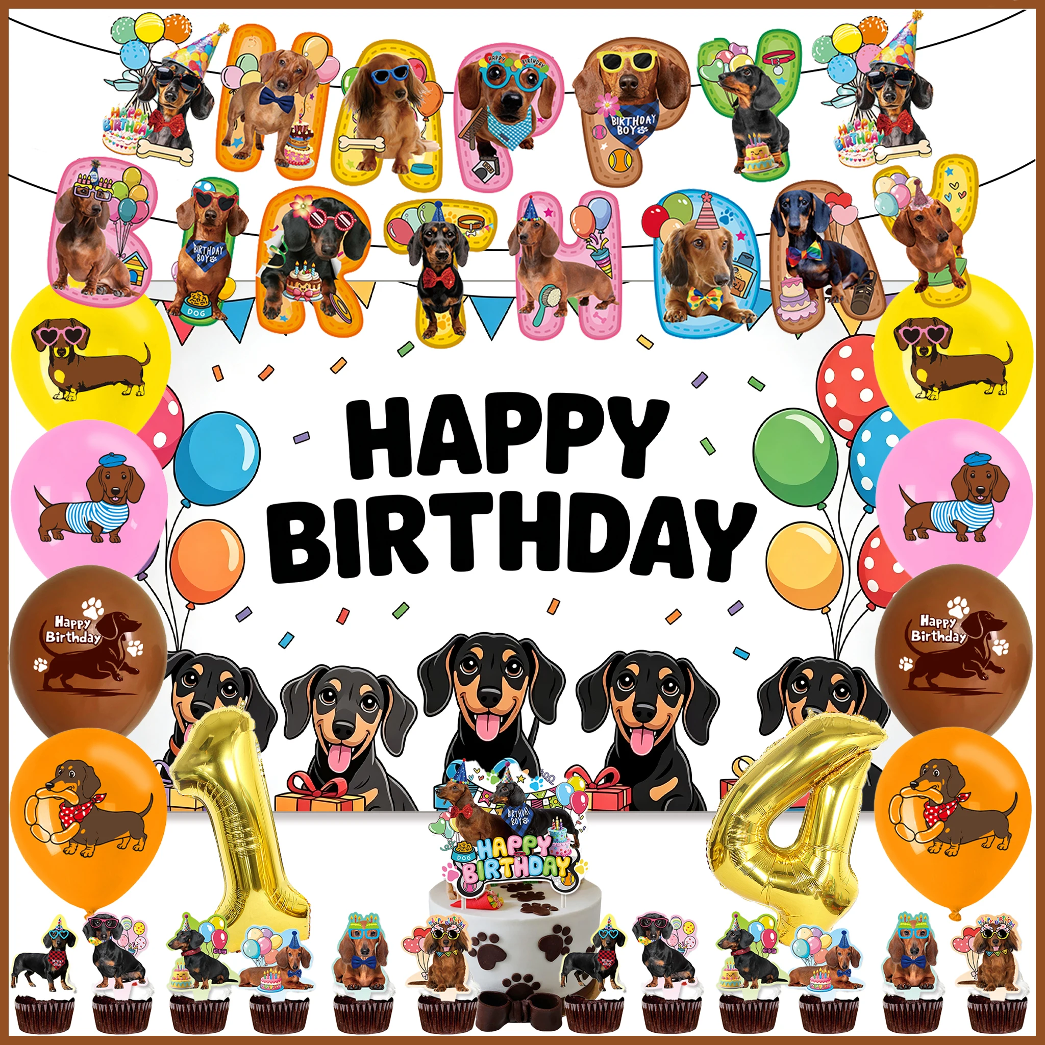 Cute Dog Topic Birthday Party Decoration Set Dachshund Backdrop Latex Balloon Banner Cake Topper Baby Shower Supplies Pet Gifts