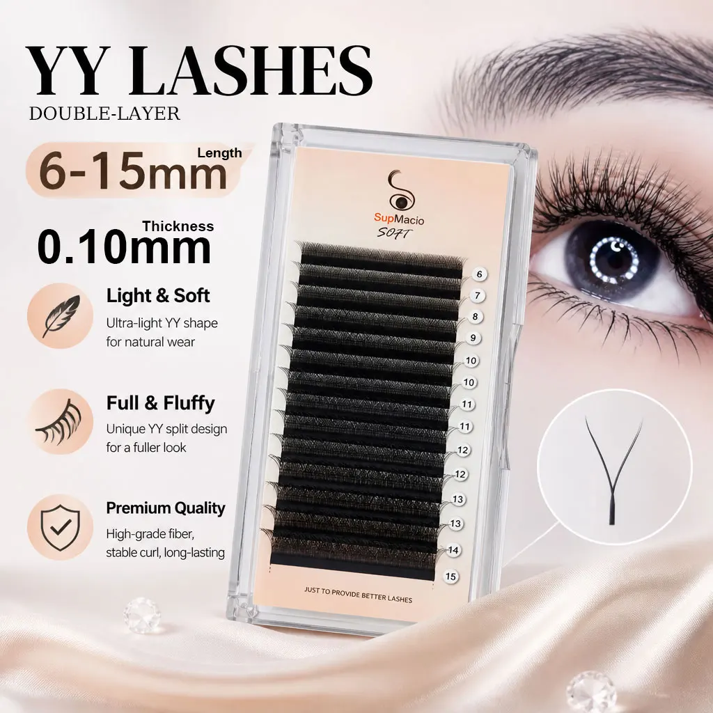 Supmacio 0.10 mm YY Lash Y Shape Eyelashes Extension Black Two Tips 0.1mm 2D Premade Volume Fans Natural Individual Lashes
