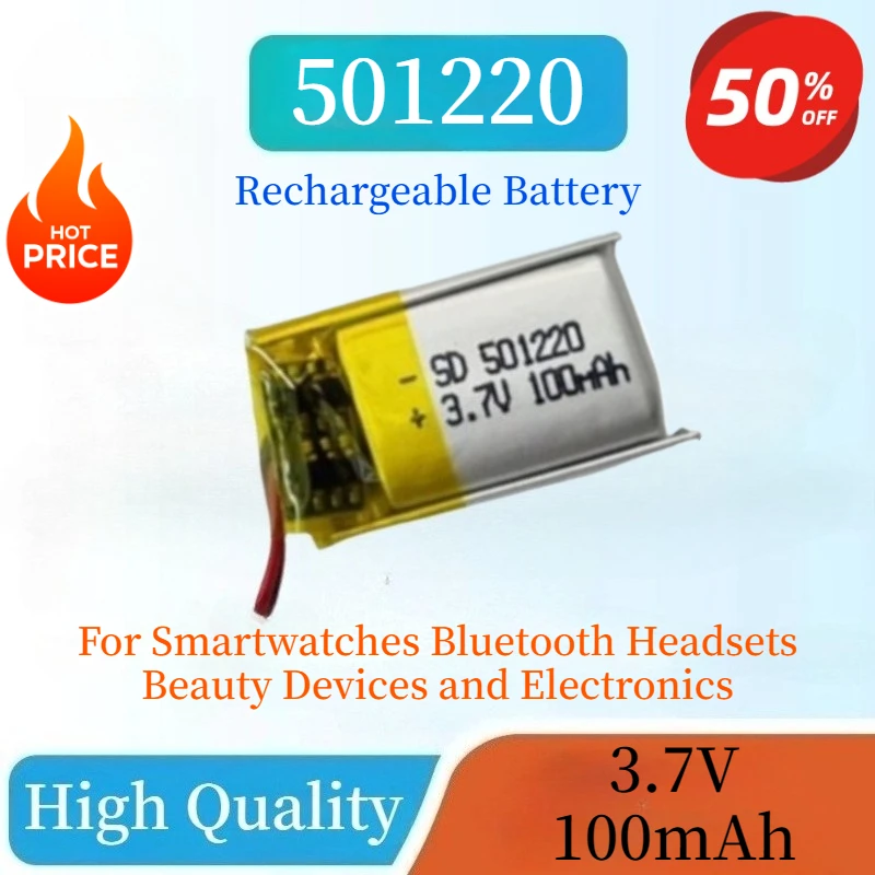 100% New 501220 3.7V 100mAh Rechargeable Li-Polymer Battery for Smartwatches Bluetooth Headsets Beauty Devices and Electronics