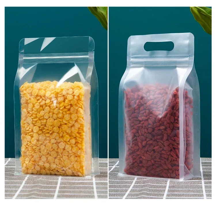 50pcs Transparent Frosted Ziplock Bags with Handle Stand up Sealed Food Packaging Pouches for Candy Nuts Storage Reusable