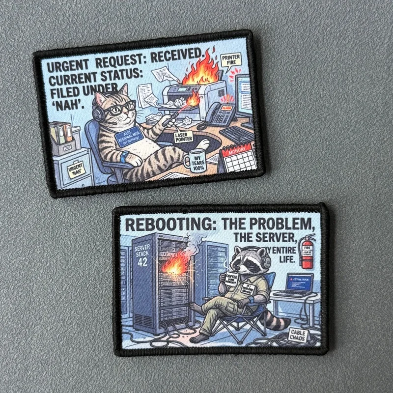Funny IT Tech Meme Cat Raccoon Tactical Military Print Patch on Clothes Morale Badge Hook Loop Patches Backpack Armband