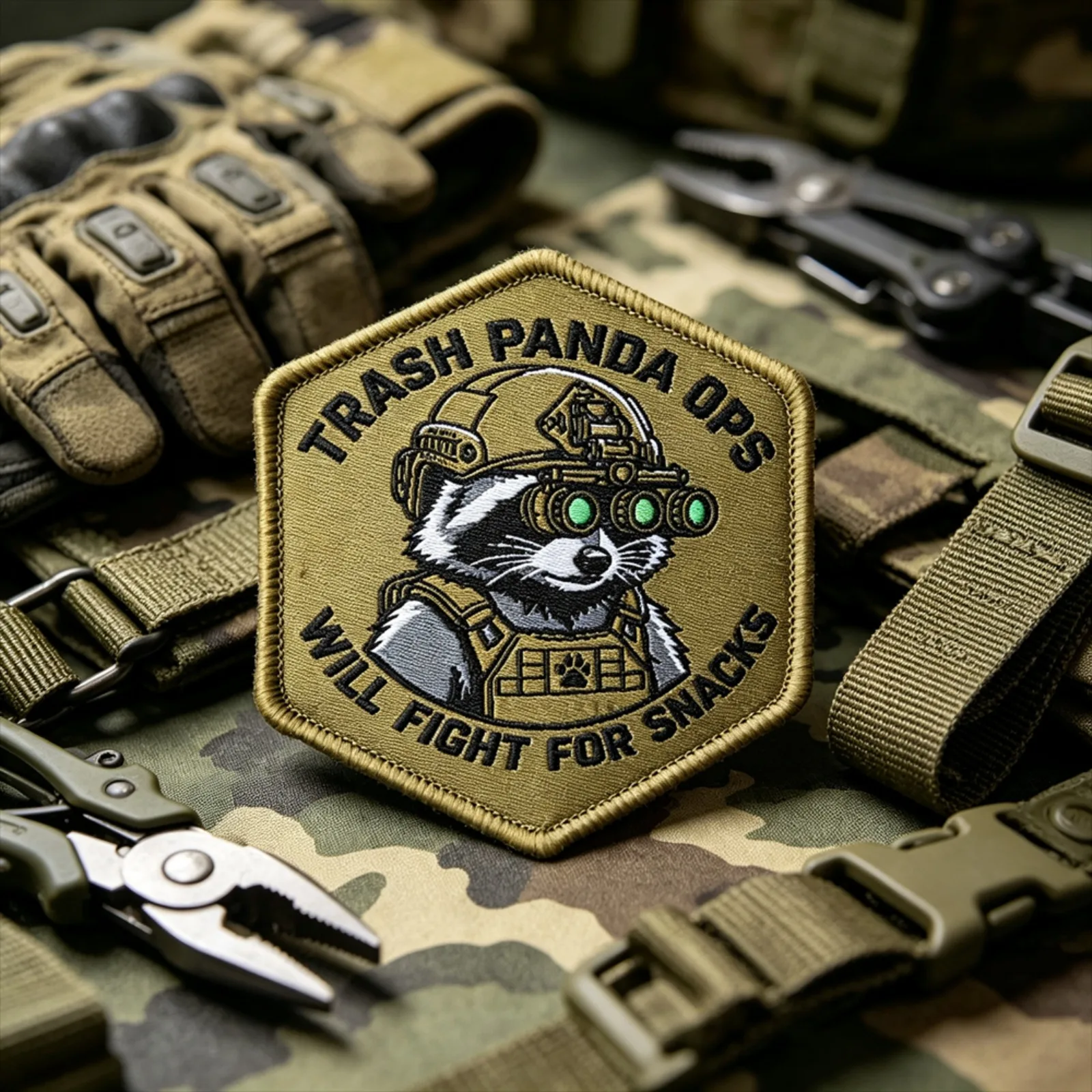 TRASH PANDA OPS Woven Patch Hook Loop Raccoon Tactical Morale Badge Meme Animal Cloth Sticker for Backpack