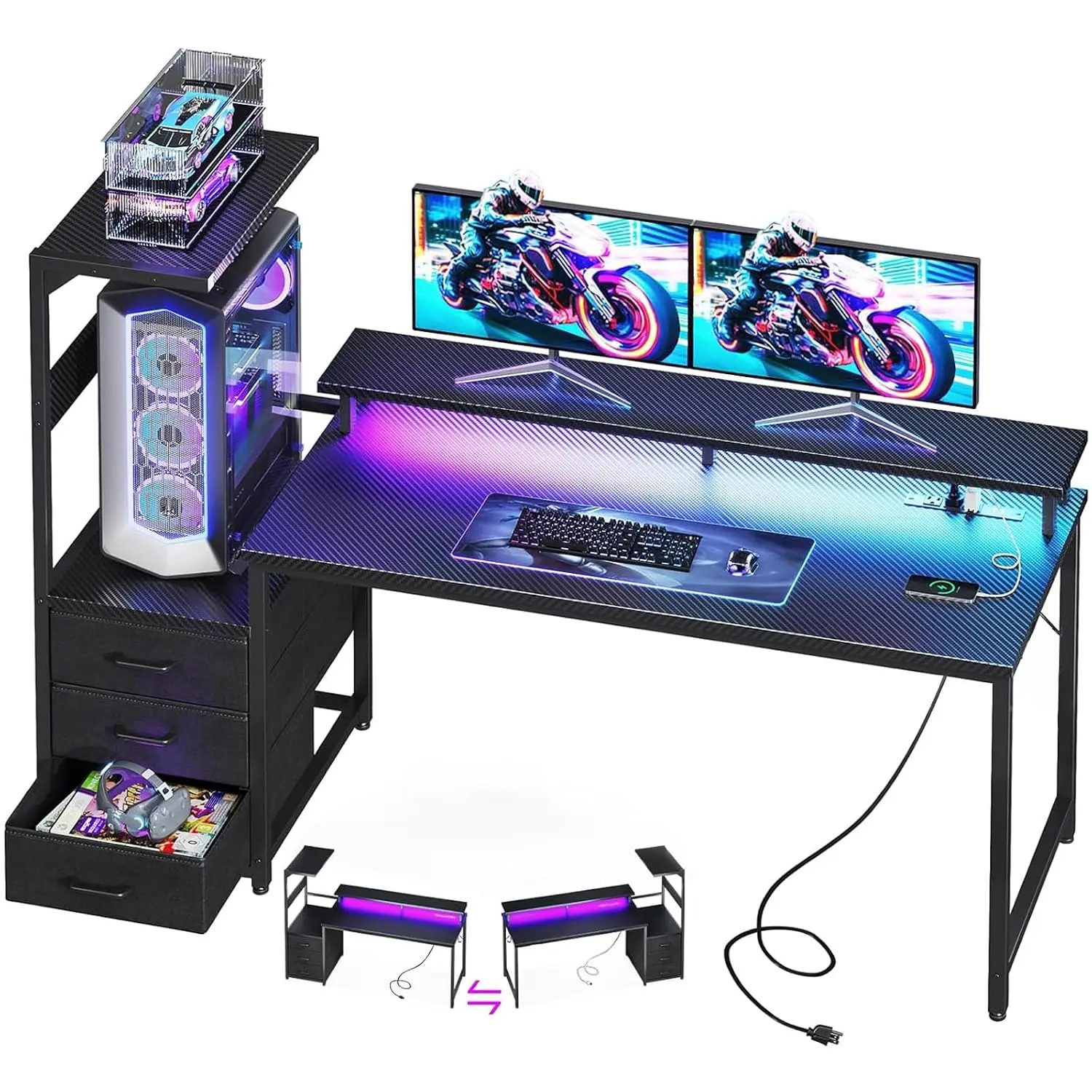 59 Inch Gaming Desk with USB Charging Ports & LED Light - Reversible Computer Desk with 3 Fabric Drawers, Monitor, Customized