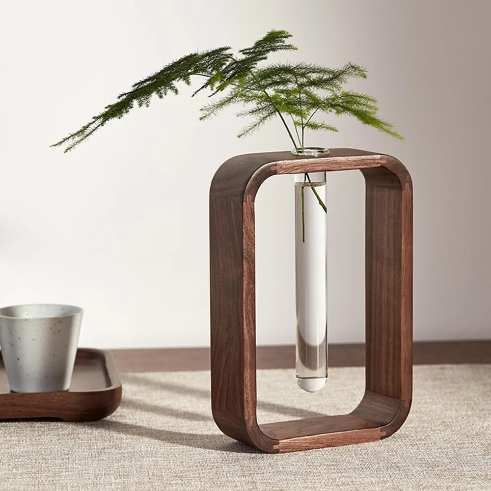 HeMu Minimalist Wooden Frame Test Tube Vase Walnut Wood Hydroponic Planter, Modern Decorative Flower Vase for Living Room Decor