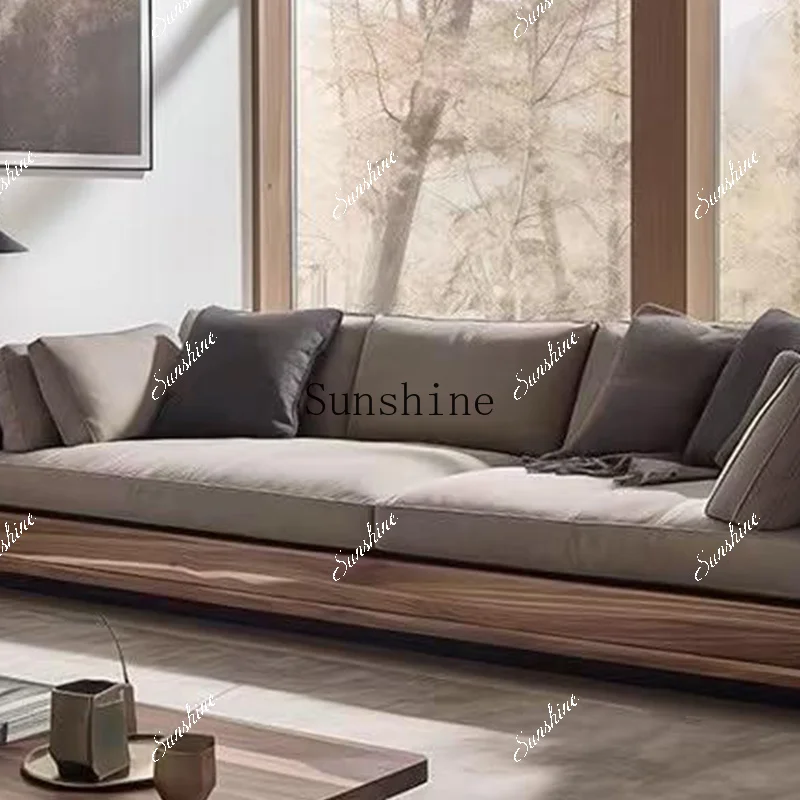Villa new Chinese-style solid wood leather art light luxury high-end walnut three-person sofa  FT