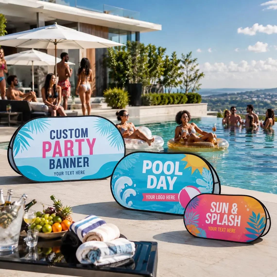 Custom Pool Party Pop Up Banner Personalized Summer Outdoor Sign Portable Foldable Display for Poolside Event Decor 1pc