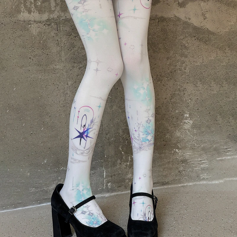 Women Gothic Lolita Punk Pantyhose Velvet Stocking Colorful Star Print Women Bodystocking Fetish Sissy Tights Harajuku Y2K Socks