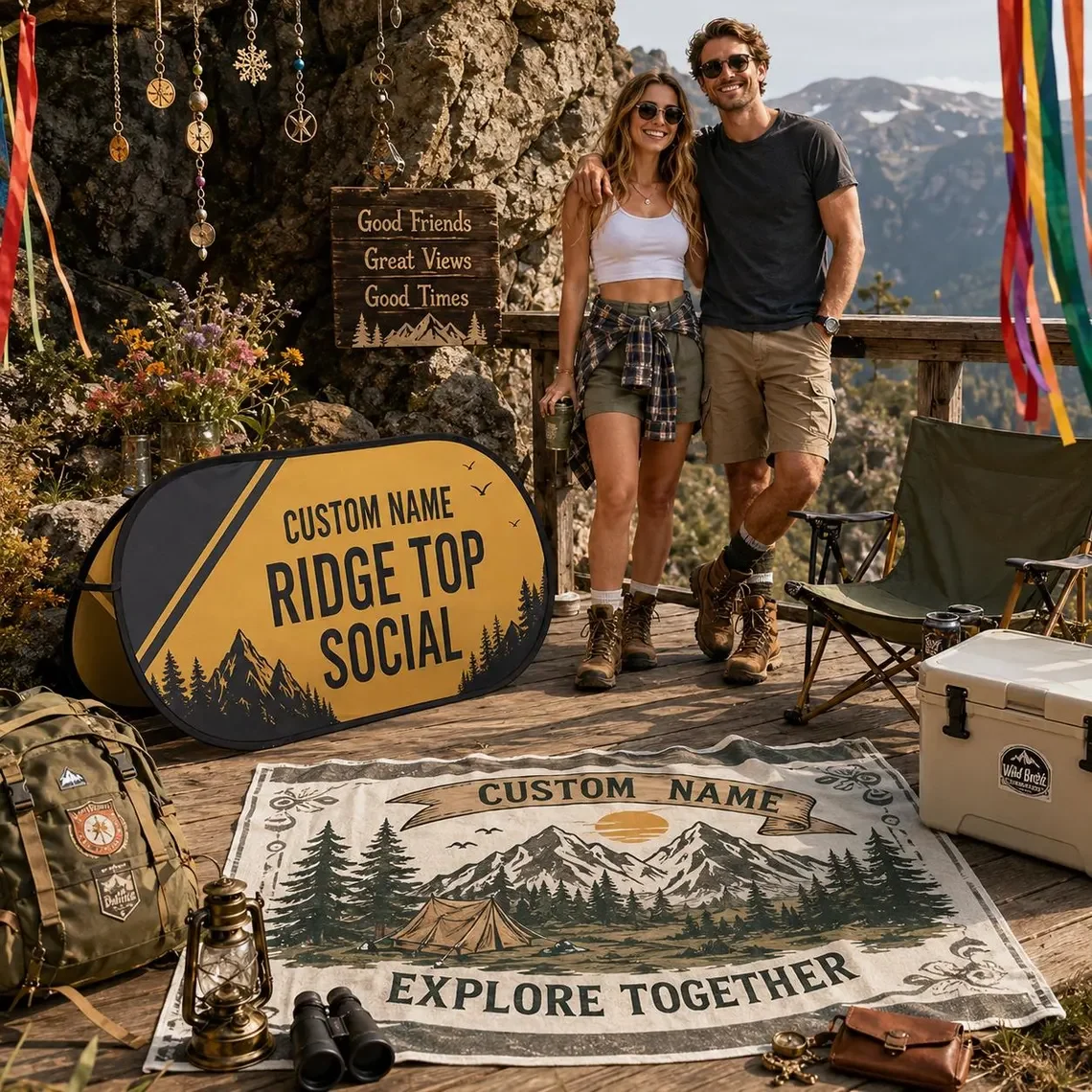 Custom Camping Pop Up Banner Personalized Mountain Theme Sign Portable Foldable Display for Outdoor Party Decoration 1pc