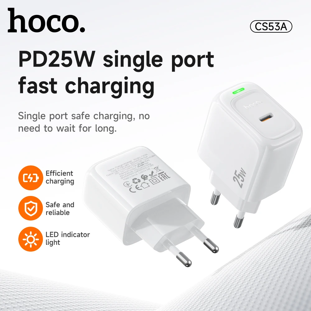 HOCO USB C PD25W Fast Charging EU Plug Charger For Samsung S24 S25 Wall Travel Adapter with LED Indicator Light For iPhone 17 18