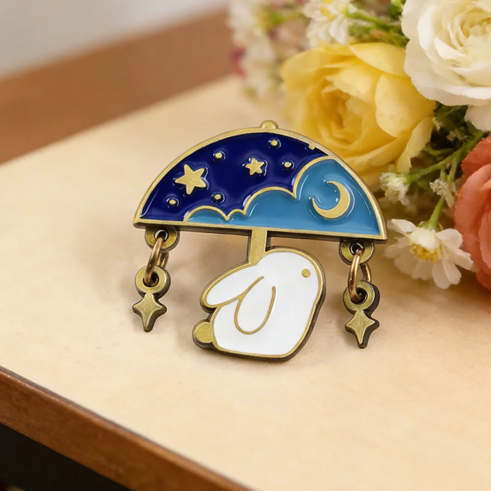 Cute Rabbit Starry Sky Umbrella Enamel Brooch Cartoon Moon Stars And Clouds Pin Clothing Bag Accessory Rabbit Enthusiast Gift