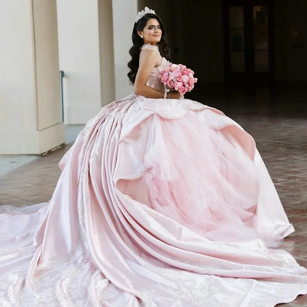 Pink Charro Quinceanera Dresses Ball Gown Sweetheart Appliques Beaded Mexican Sweet 16 Dresses 15 Anos Customized